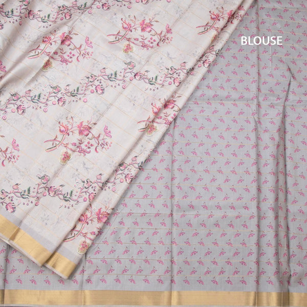 Raw Silk Cream Zari Checked With floral Printed Saree And Zari Border