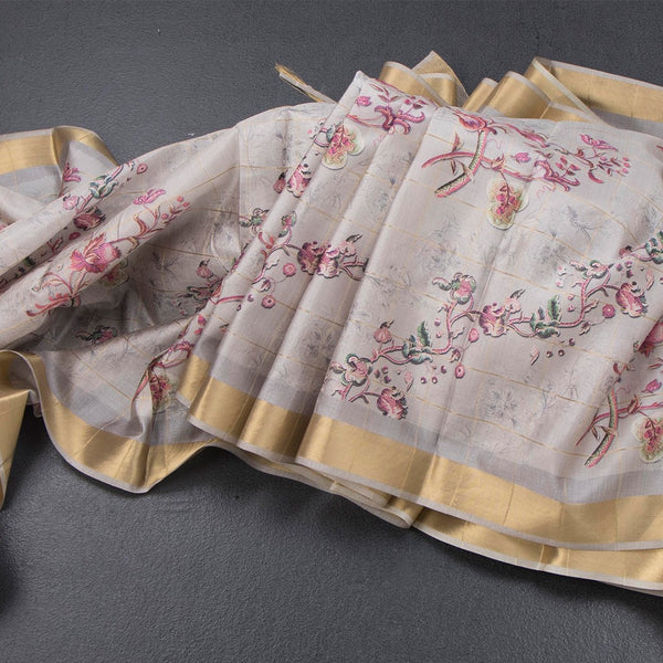 Raw Silk Cream Zari Checked With floral Printed Saree And Zari Border