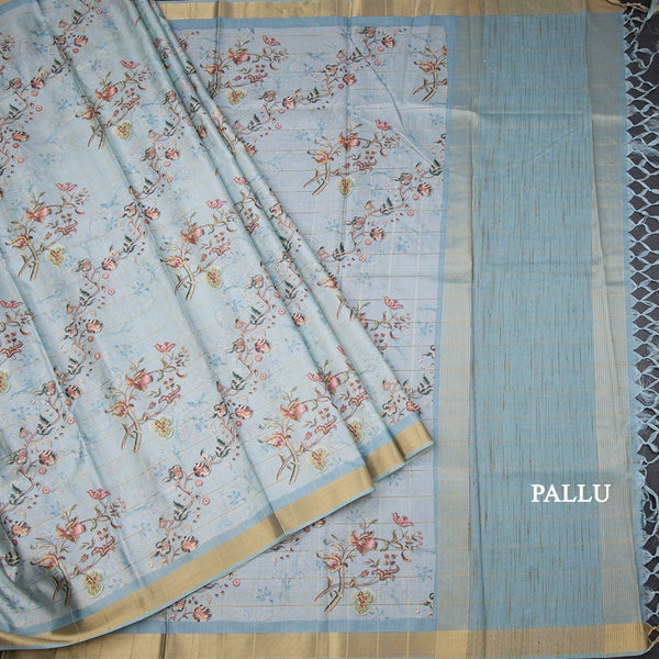 Raw Silk Sky Blue Zari Checked With floral Printed Saree And Zari Border