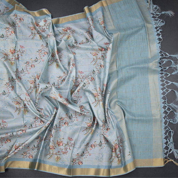 Raw Silk Sky Blue Zari Checked With floral Printed Saree And Zari Border