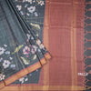 Raw Silk Dark Sage Green Zari Checked With floral Printed Saree And Zari Border