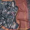 Raw Silk Dark Sage Green Zari Checked With floral Printed Saree And Zari Border