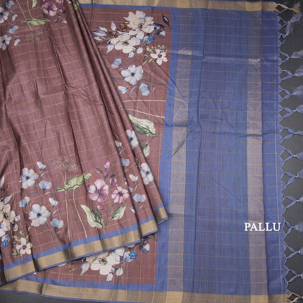 Raw Silk Cinnamon Brown Zari Checked With floral Printed Saree And Zari Border