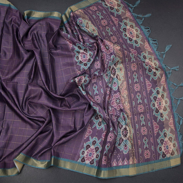 Raw Silk Purple Zari Checked Saree And Zari Border