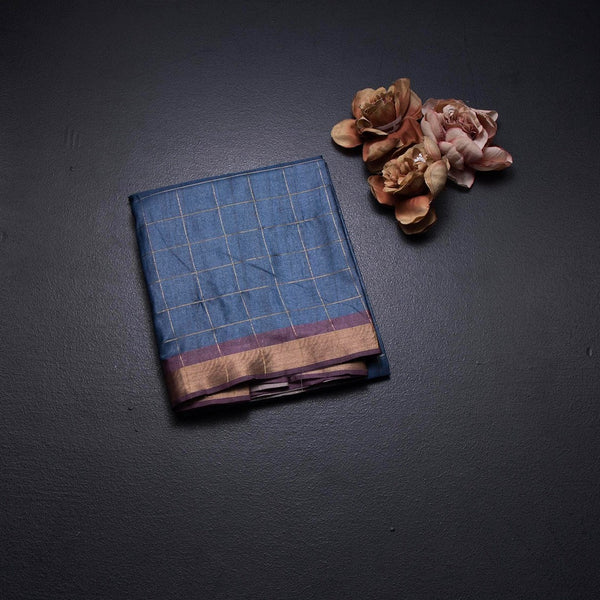 Raw Silk Blue Zari Checked Saree And Zari Border