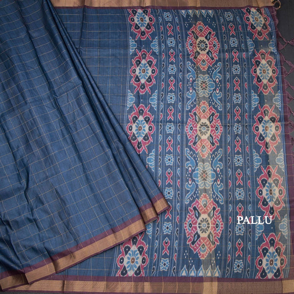 Raw Silk Blue Zari Checked Saree And Zari Border