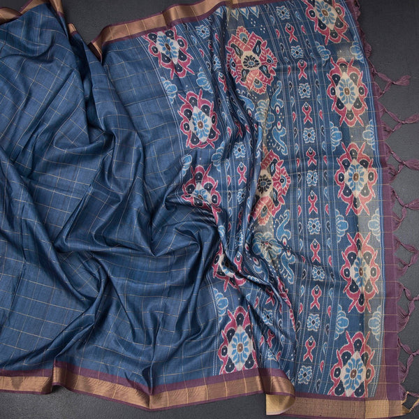 Raw Silk Blue Zari Checked Saree And Zari Border