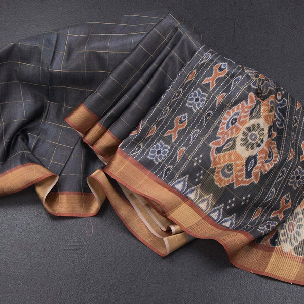 Raw Silk Grey Zari Checked Saree And Zari Border