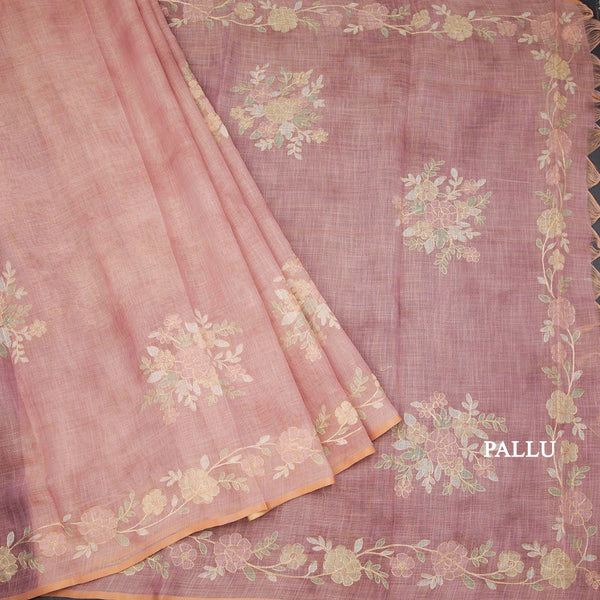 Linen Onion Pink Saree Painted With Zari Thread Work
