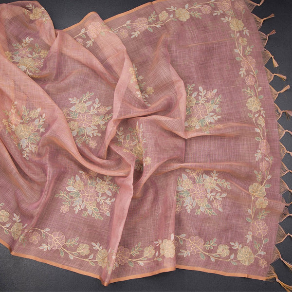 Linen Onion Pink Saree Painted With Zari Thread Work