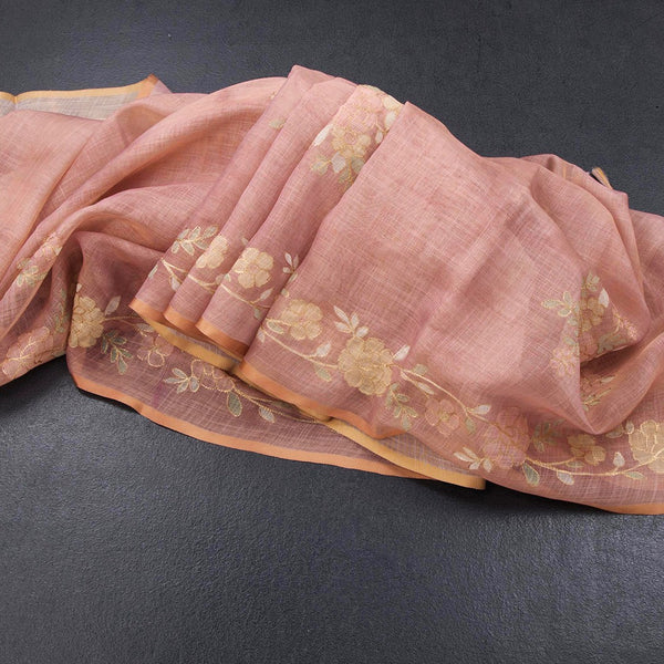 Linen Onion Pink Saree Painted With Zari Thread Work