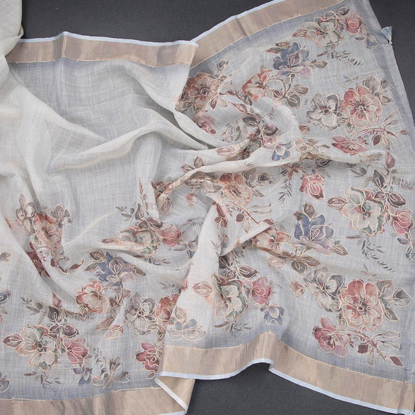 Linen Light Grey Floral Painted With Zari Work Saree
