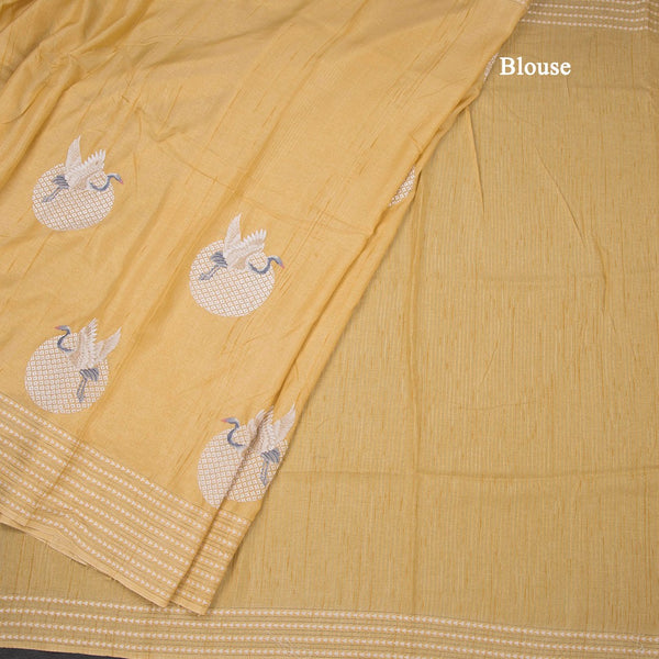 Raw Silk Yellow Thread Work Saree In Bird Design