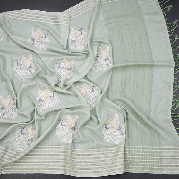 Raw Silk Light Green Thread Work Saree In Bird Design