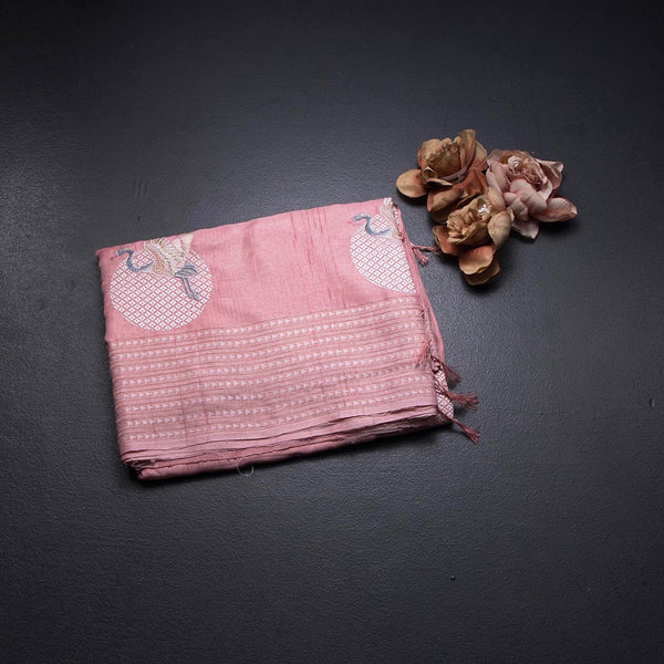 Raw Silk Rose Pink Thread Work Saree In Bird Design