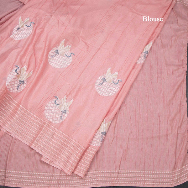 Raw Silk Rose Pink Thread Work Saree In Bird Design
