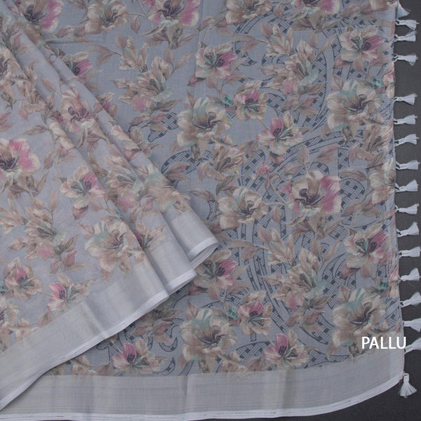 Semi Linen Grey Floral Printed Saree 08