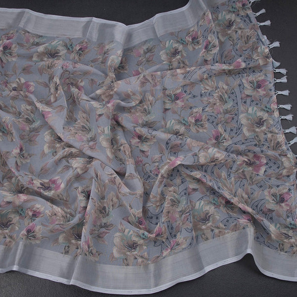 Semi Linen Grey Floral Printed Saree 08