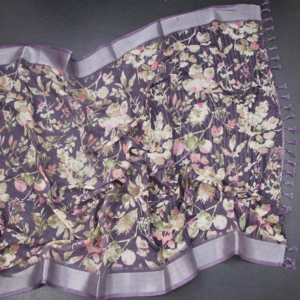 Semi Linen Violet Floral Printed Saree 02