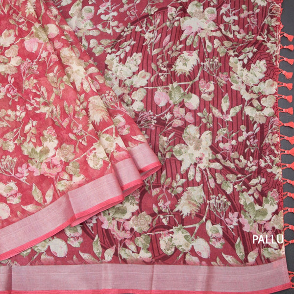 Semi Linen Reddish Pink Floral Printed Saree