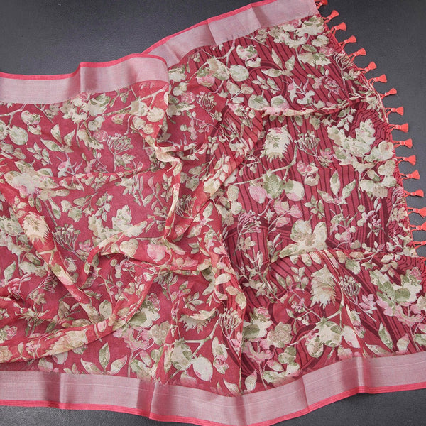 Semi Linen Reddish Pink Floral Printed Saree