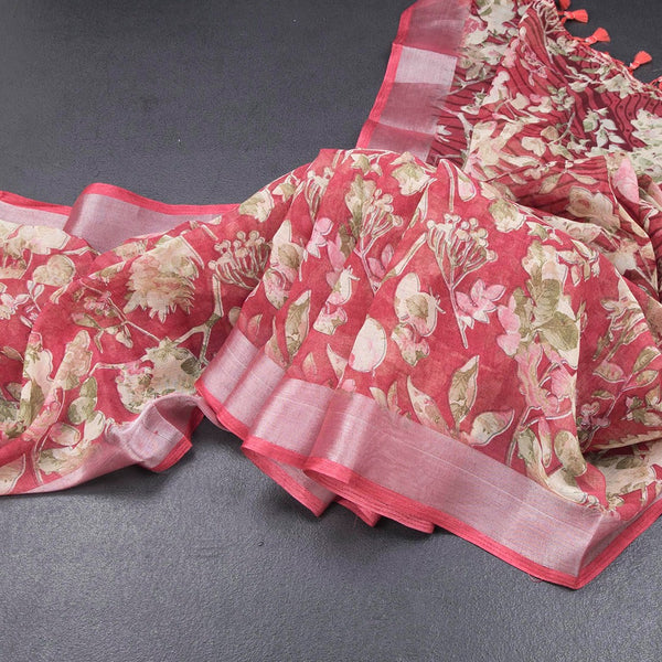 Semi Linen Reddish Pink Floral Printed Saree