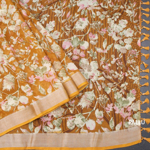 Semi Linen Mustard Yellow Floral Printed Saree