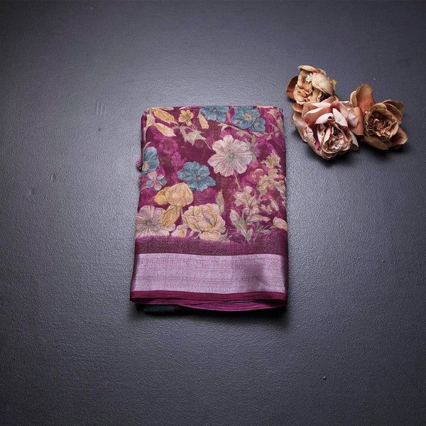Semi Linen Wine Colour Floral Printed Saree