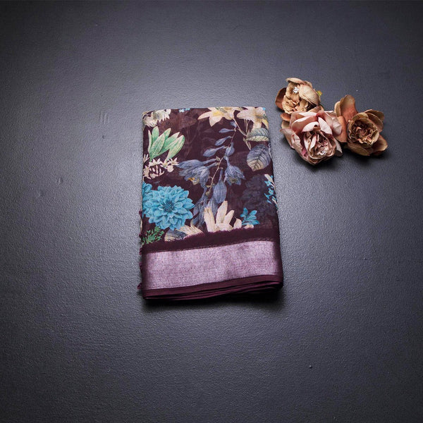 Semi Linen Dark Purple Floral Printed Saree