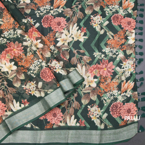 Semi Linen Dark Green Floral Printed Saree