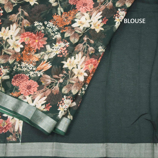 Semi Linen Dark Green Floral Printed Saree