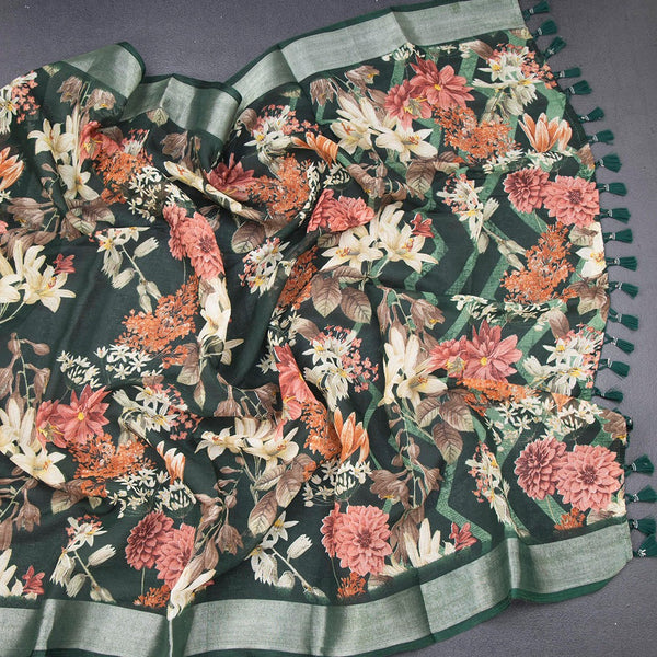 Semi Linen Dark Green Floral Printed Saree