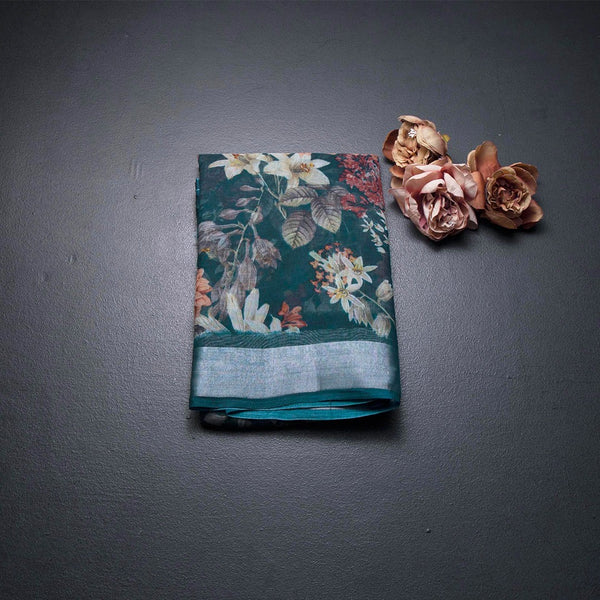 Semi Linen Teal Blue Floral Printed Saree 02