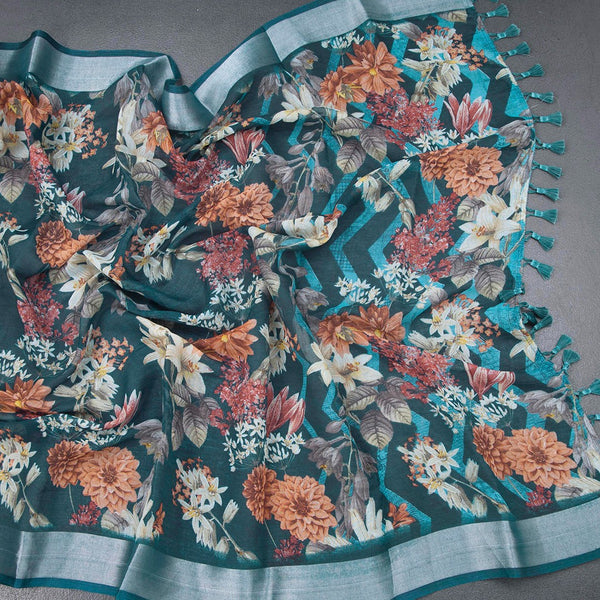 Semi Linen Teal Blue Floral Printed Saree 02