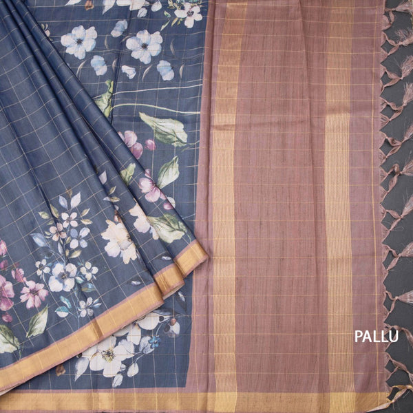 Semi Raw Silk Dark Blue Zari Checks With Floral Printed Saree