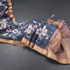 Semi Raw Silk Dark Blue Zari Checks With Floral Printed Saree