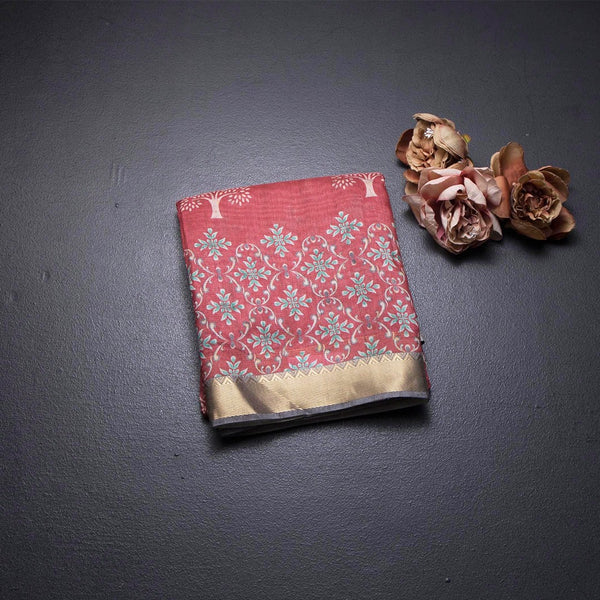 Semi Raw Silk Red Tree Printed Saree And Zari Border