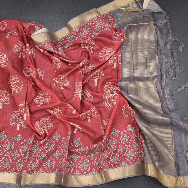 Semi Raw Silk Red Tree Printed Saree And Zari Border