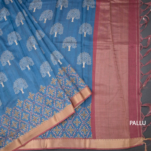 Semi Raw Silk Peacock Blue Tree Printed Saree And Zari Border