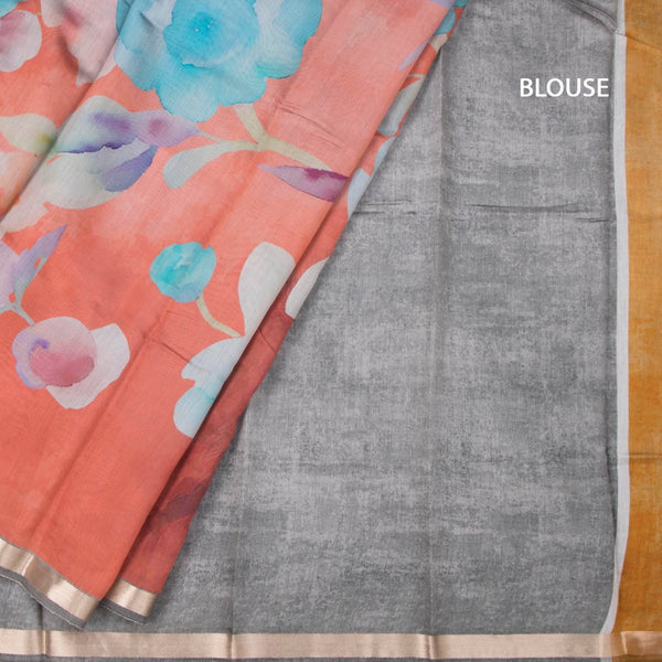 Semi Raw Silk Rust Orange Floral Printed Saree And Ribbon Border