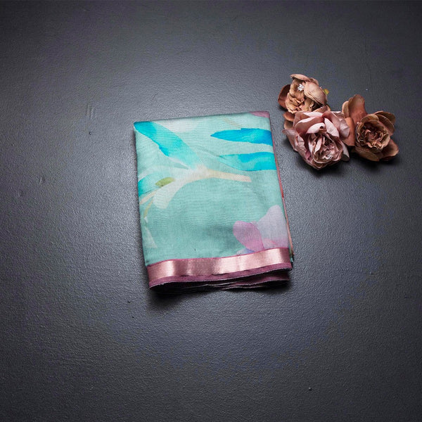 Semi Raw Silk Light Blue Floral Printed Saree And Ribbon Border