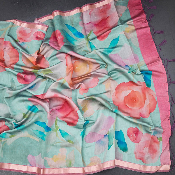 Semi Raw Silk Light Blue Floral Printed Saree And Ribbon Border