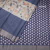 Semi Raw Silk Dark Blue Zari Checks With Floral Printed Saree 02