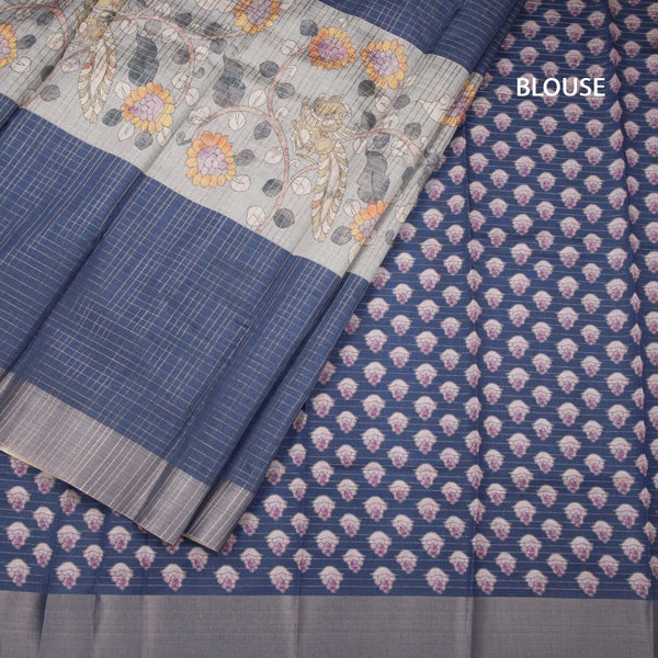 Semi Raw Silk Dark Blue Zari Checks With Floral Printed Saree 02