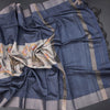 Semi Raw Silk Dark Blue Zari Checks With Floral Printed Saree 02