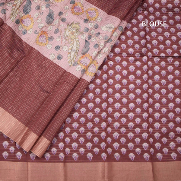 Semi Raw Silk Dark Brown Zari Checks With Floral Printed Saree