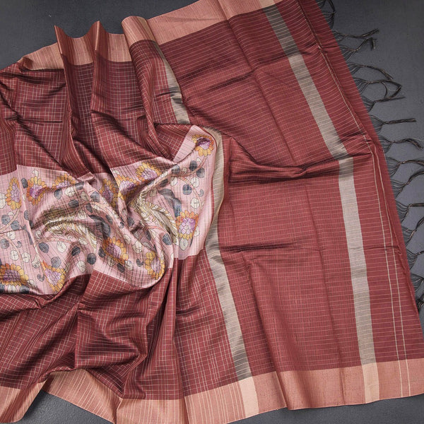 Semi Raw Silk Dark Brown Zari Checks With Floral Printed Saree