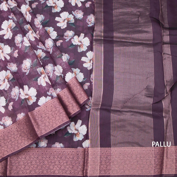 Semi Linen Plum Purple Floral Printed Saree And Zari Border