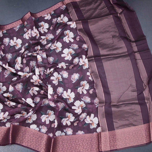 Semi Linen Plum Purple Floral Printed Saree And Zari Border