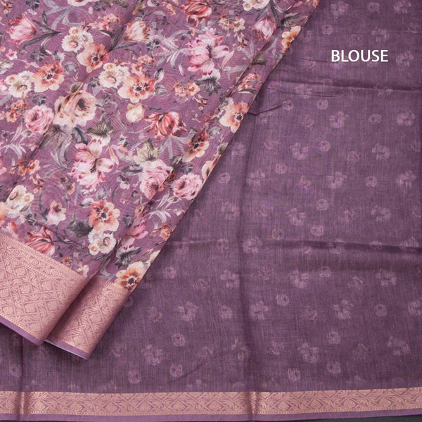 Semi Linen Plum Purple Floral Printed Saree And Zari Border 02